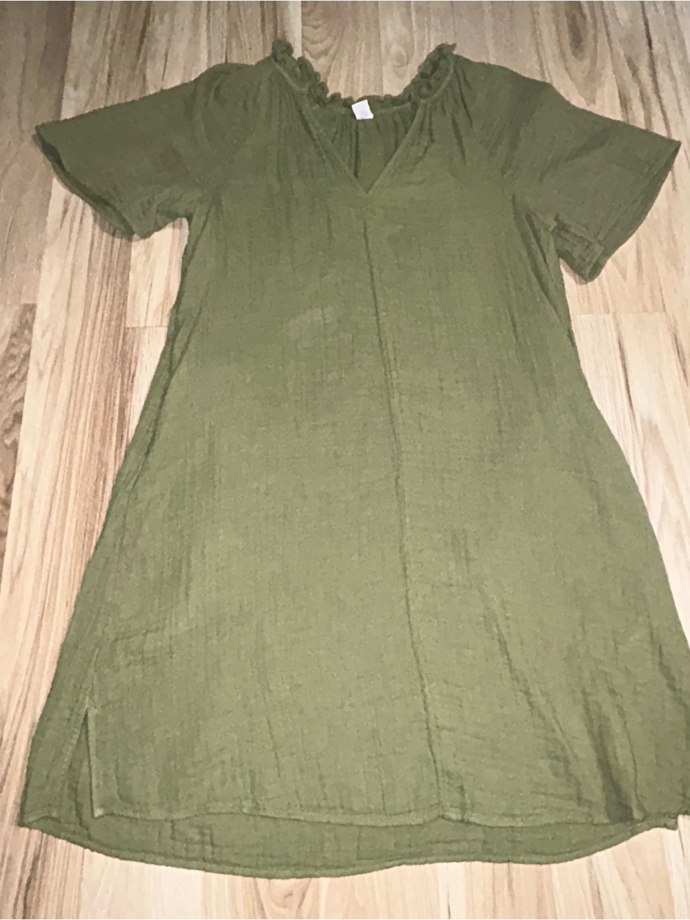 Old Navy Olive Green Short Sleeve Midi Dress with Ruffle Neck